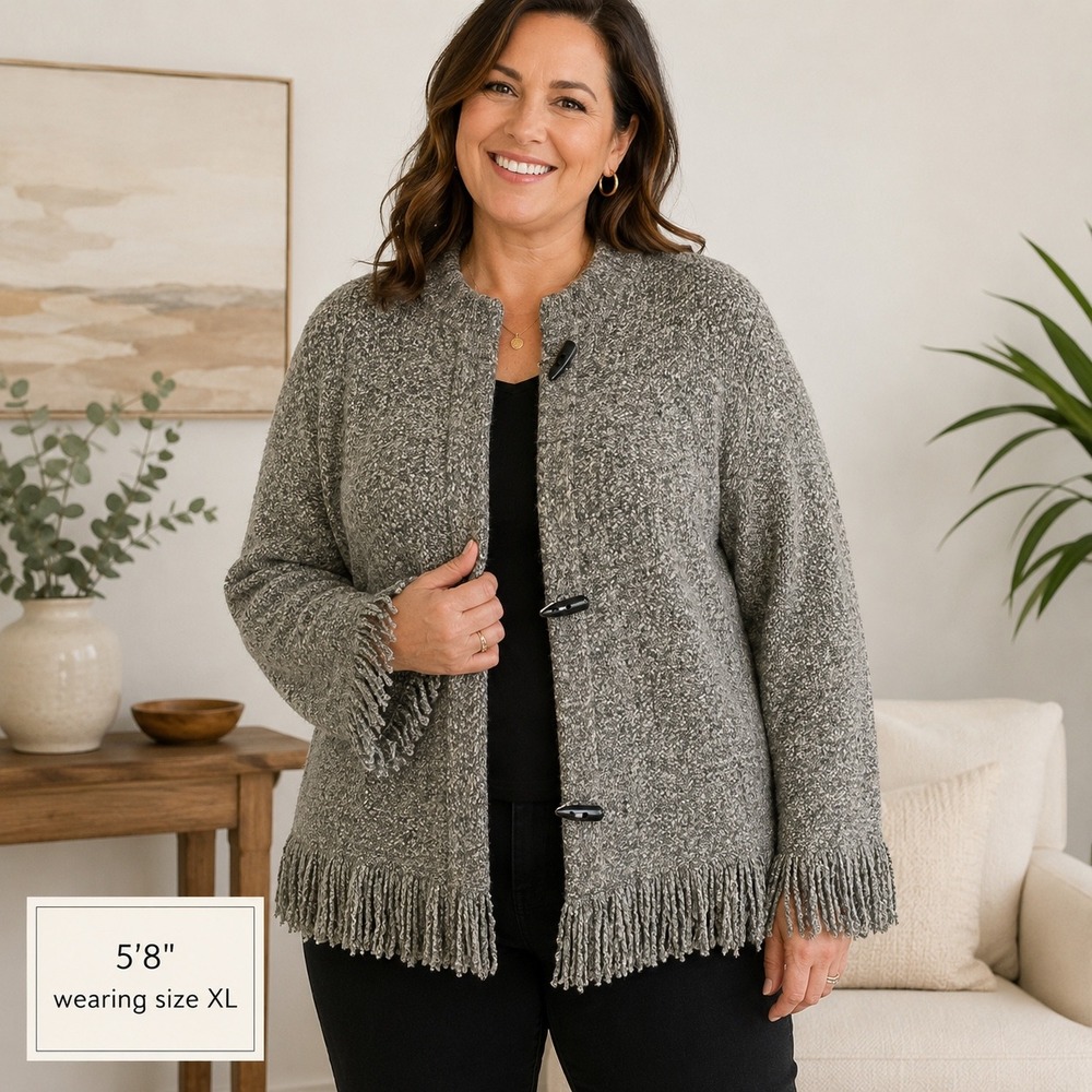 Ruby Rd XL Gray Fringe Cardigan Toggle Sweater Jacket Boho Coastal Grandma